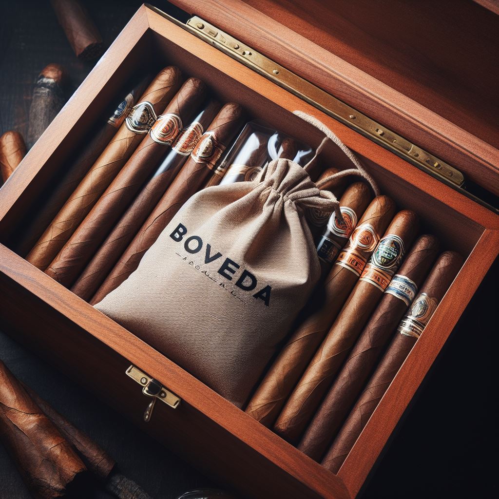 a boveda bag maintaing the correct humidity in a cigar wooden humidor